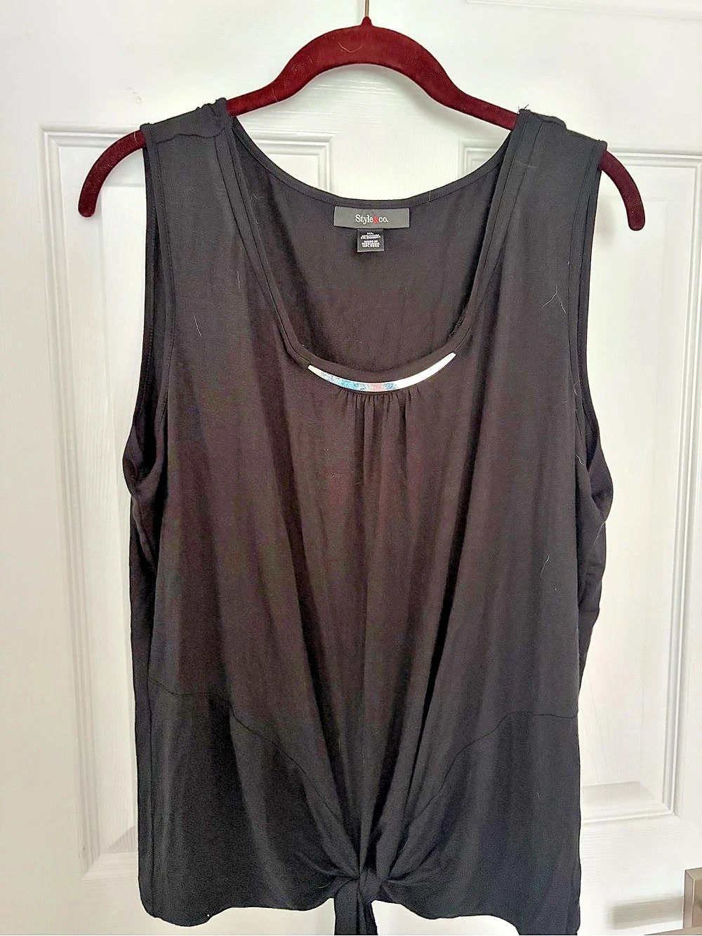 Style&co. Black Rayon Tie-Front Tank Top with Silver Detail, Like New